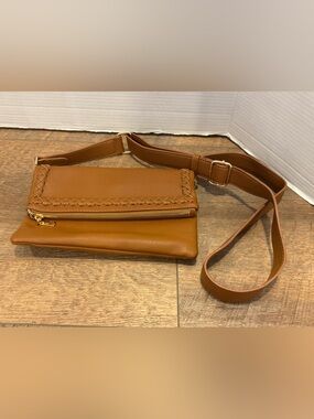ISABELLE HANDBAGS Laurel Cross Stitch Border Accent Flap Tan Crossbody Bag Purse